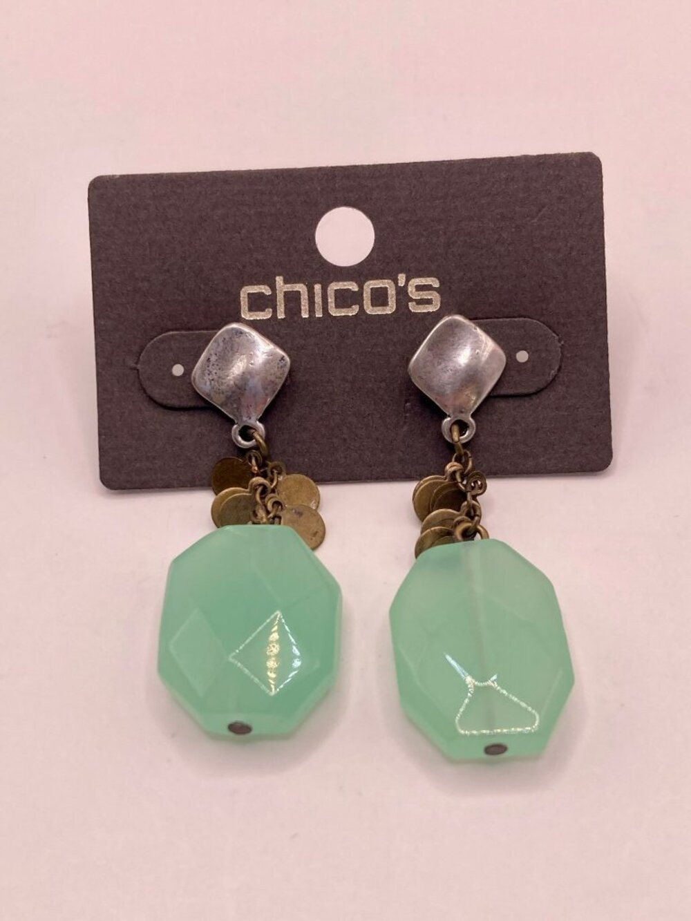 Chicos Mint Green Drop Earrings Silver-Tone & Brass Accents Geometric Design -8B
